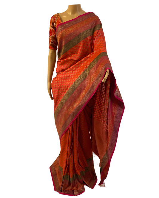 Orange and Pink Handloom Kaddi Banarasi Silk Saree With Designer Blouse