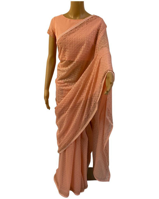 Light Peach Pure Chiffon Work Saree