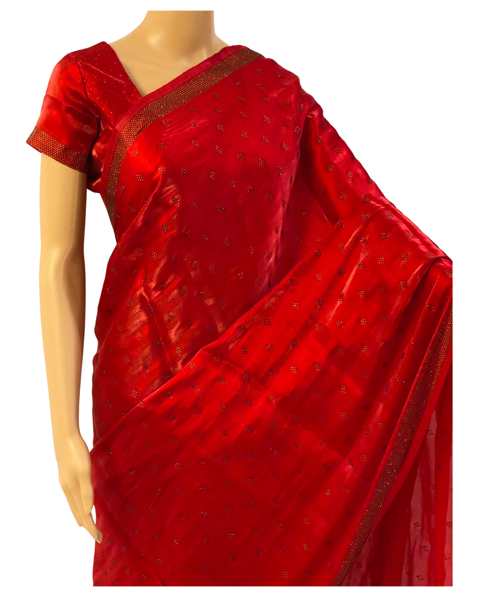 Designer Red Swarovski Satin Silk Saree (left view)