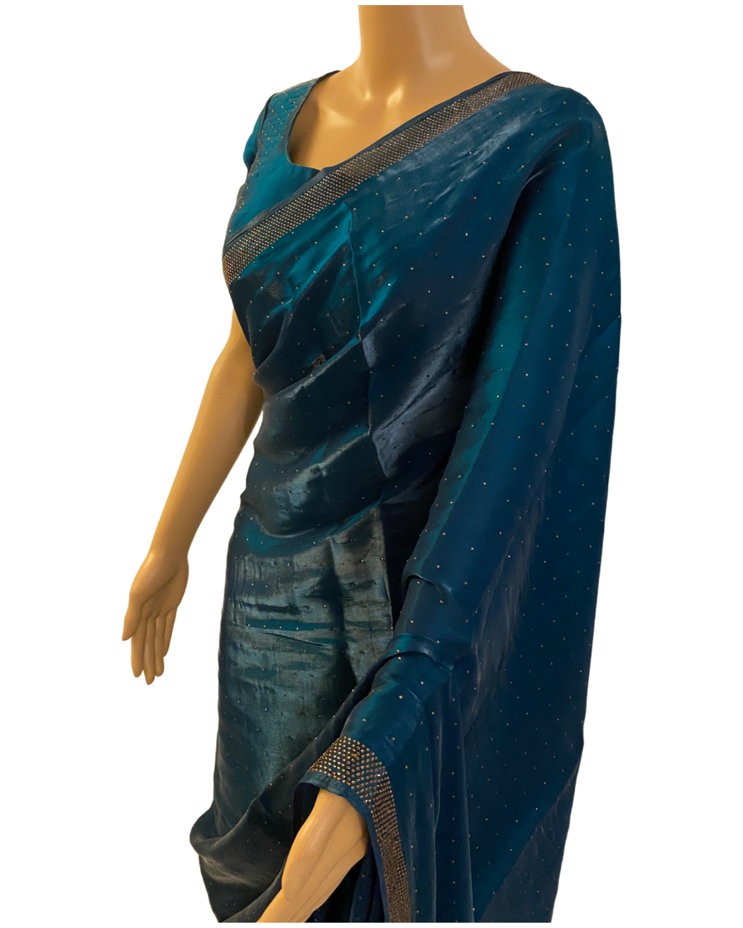 Designer Blue Swarovski Satin Silk Saree (right view)