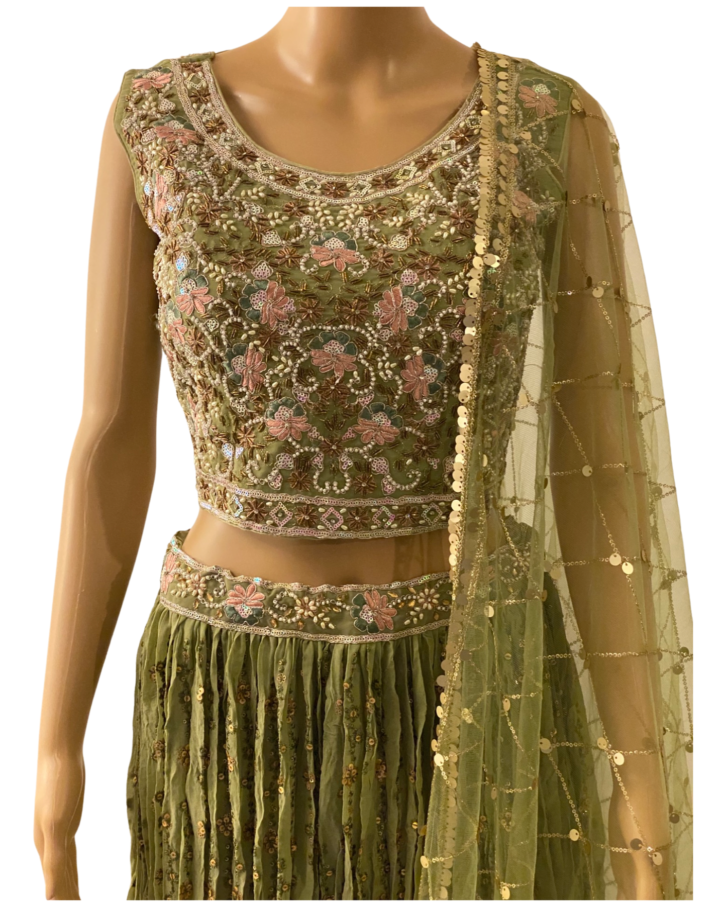 PISTA GREEN CHIFFON CROP TOP WITH LEHENGA