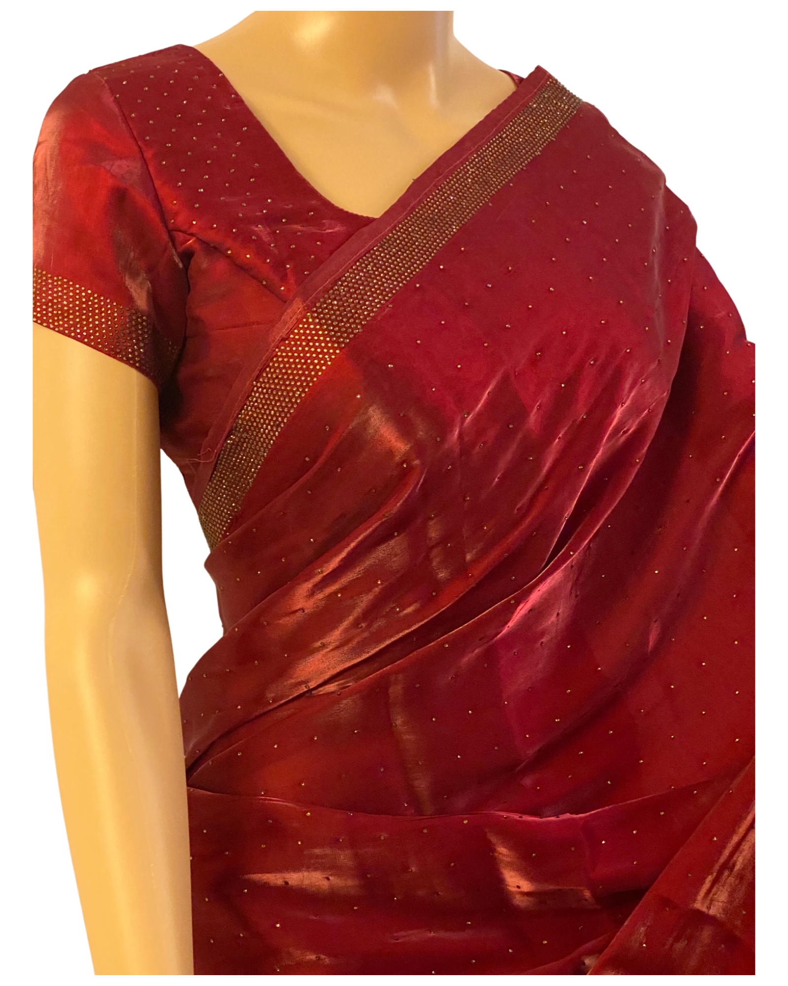 Designer Maroon Swarovski Satin Silk Saree (left view)