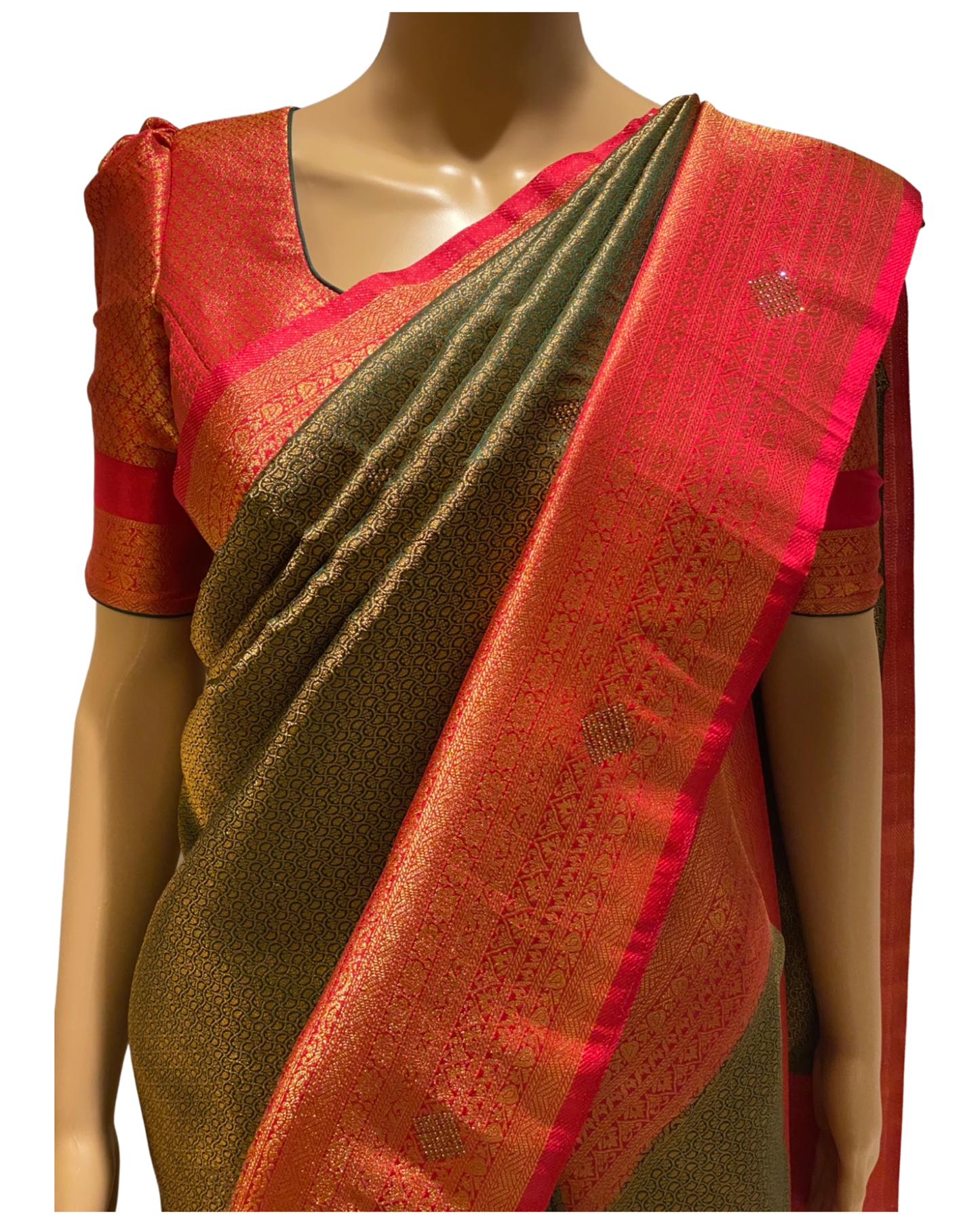 Green Kubera Silk Saree with Stone Work (close up)