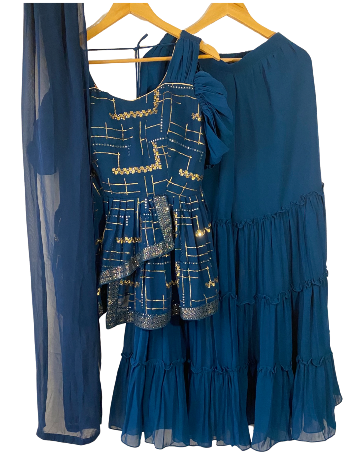 DESIGNER PARTY WEAR BLUE PEPLUM KURTHA AND SHARARA SET