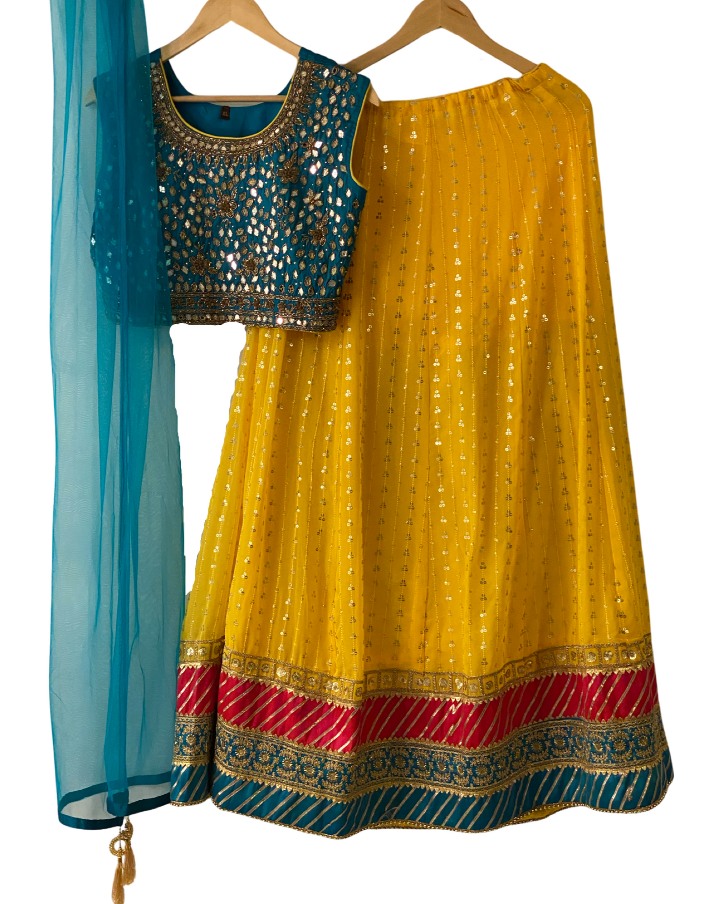 YELLOW LEHENGA WITH BLUE CROP TOP (display view)