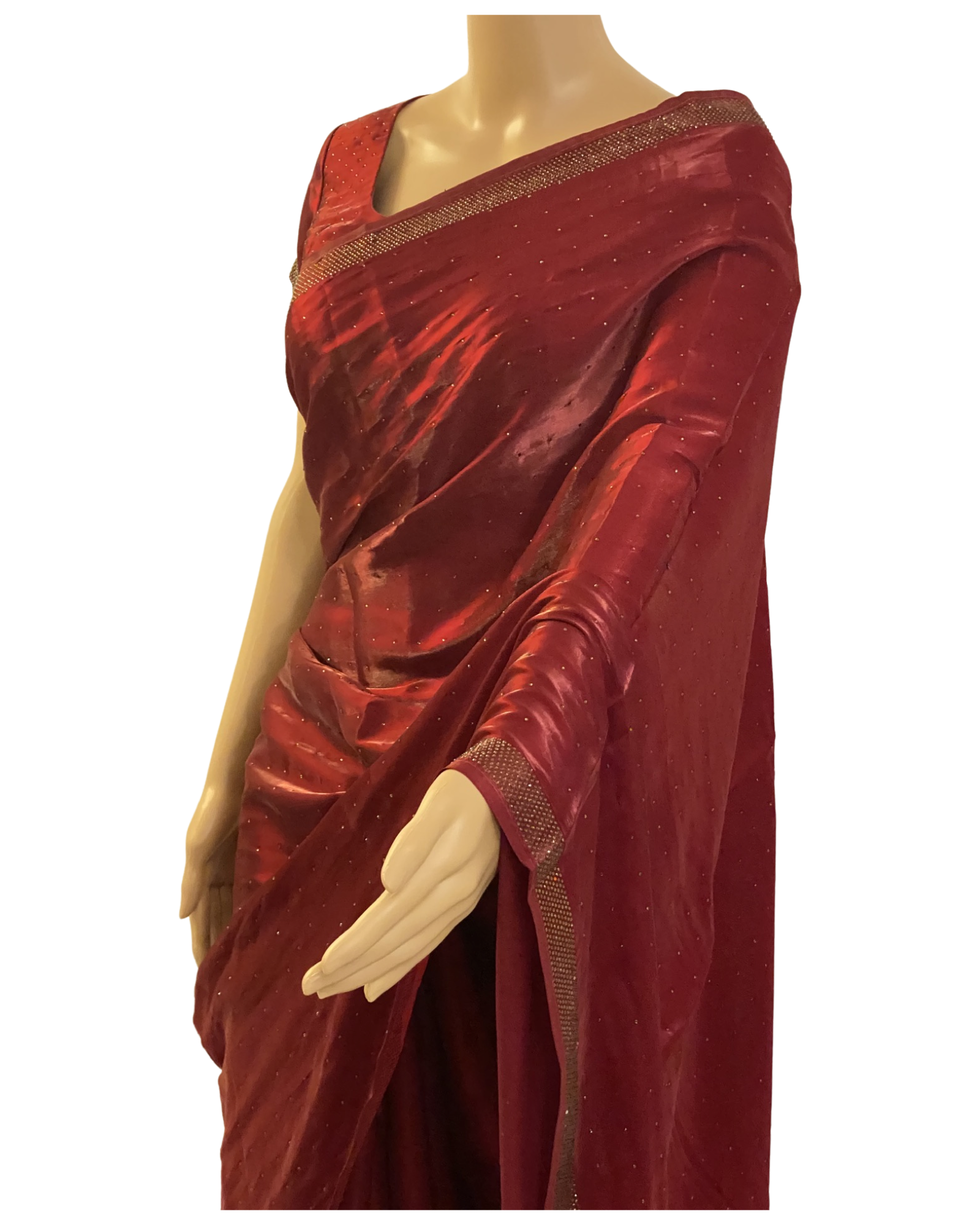 Designer Maroon Swarovski Satin Silk Saree (right view)