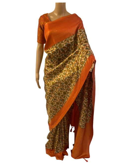 Peach and Green Kalamkari Soft Silk Saree