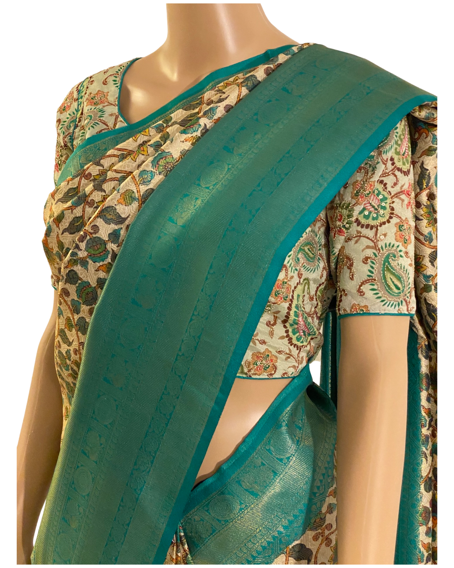 Green Kalamkari Soft Silk Saree (right view)