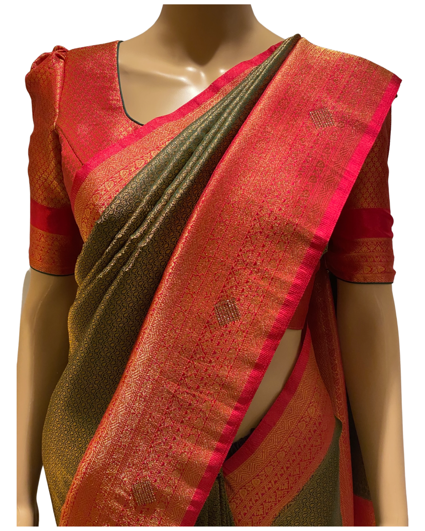 Green Kubera Silk Saree with Stone Work (closeup)