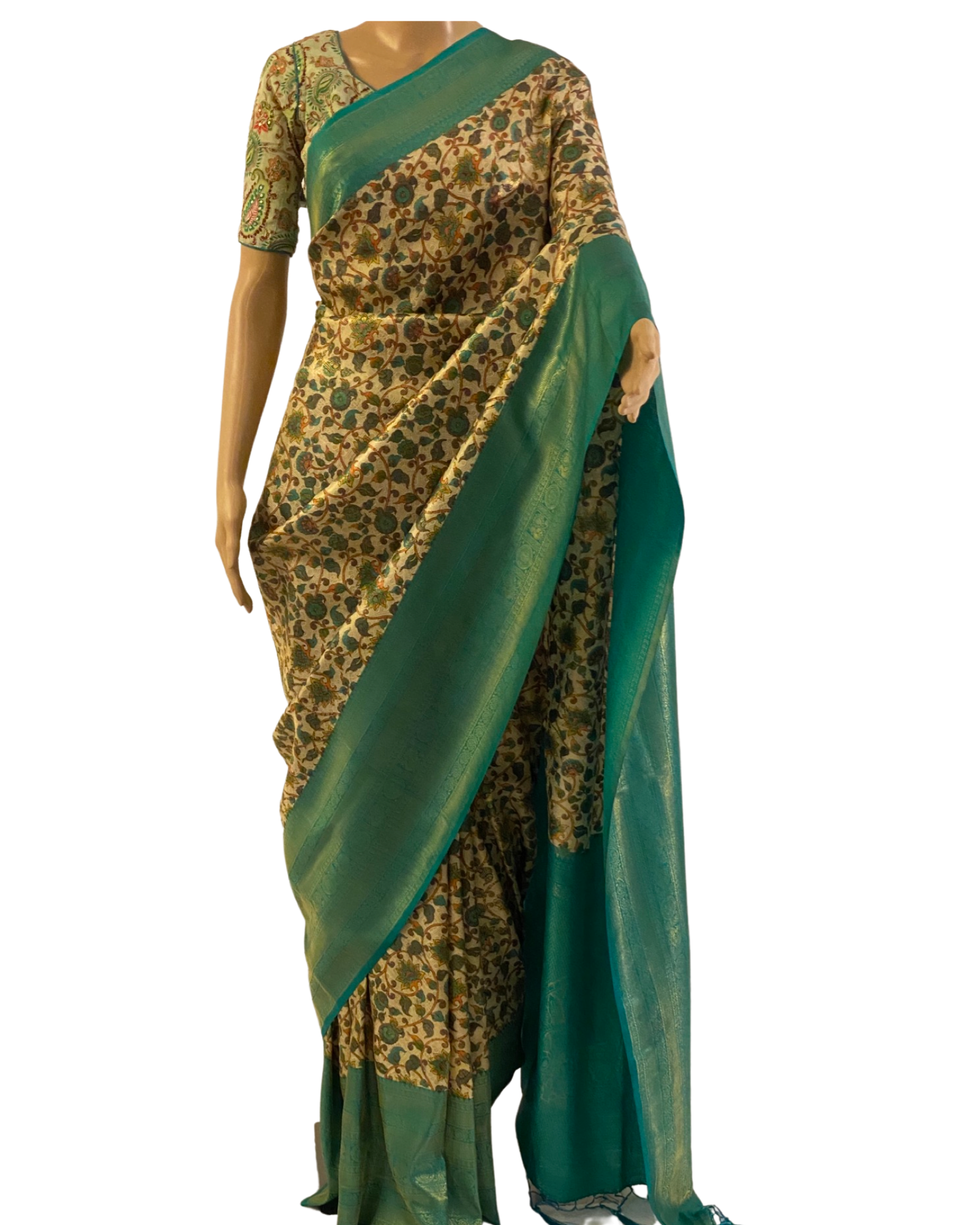 Green Kalamkari Soft Silk Saree (full view)