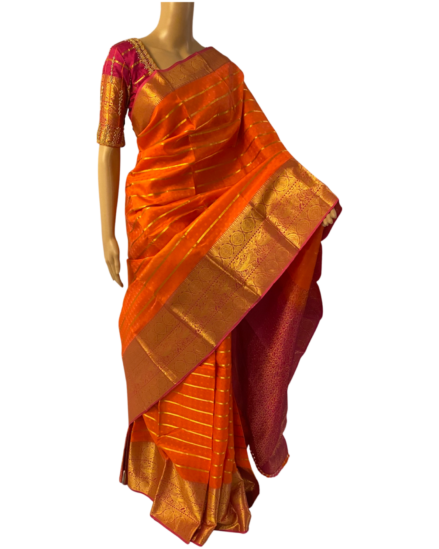 Orange and Pink Kanchipuram Handloom Silk Saree