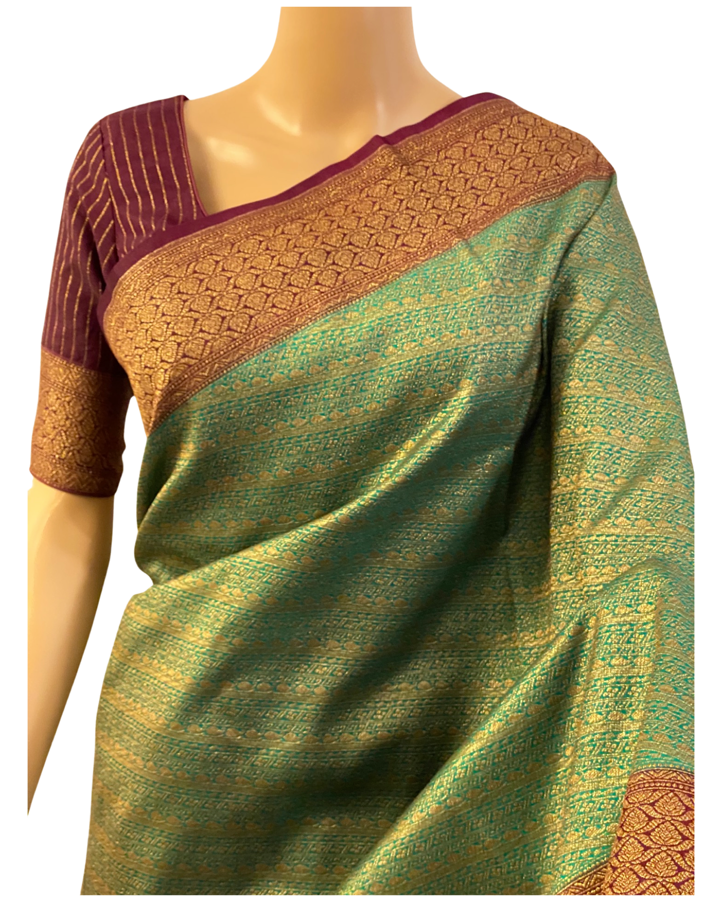 Sea Green with Maroon Katan Banarasi Saree