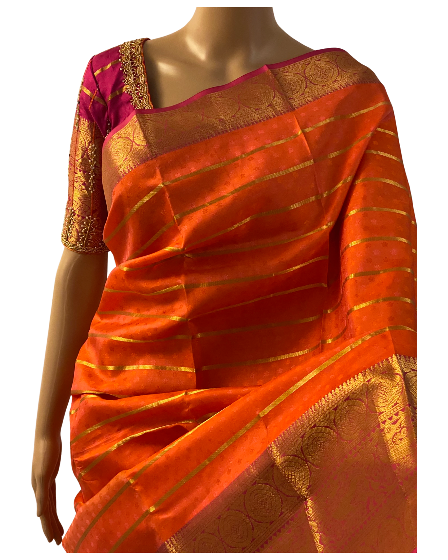 Orange and Pink Kanchipuram Handloom Silk Saree