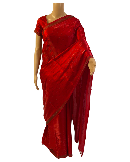 Designer Red Swarovski Satin Silk Saree (full view)