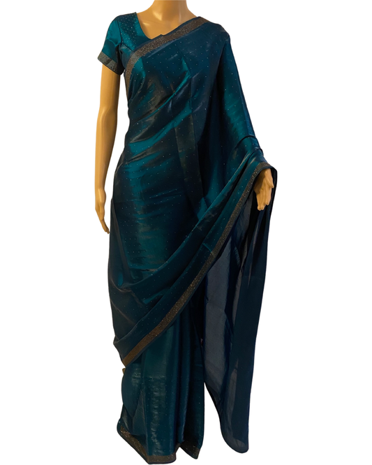 Designer Blue Swarovski Satin Silk Saree (full view)