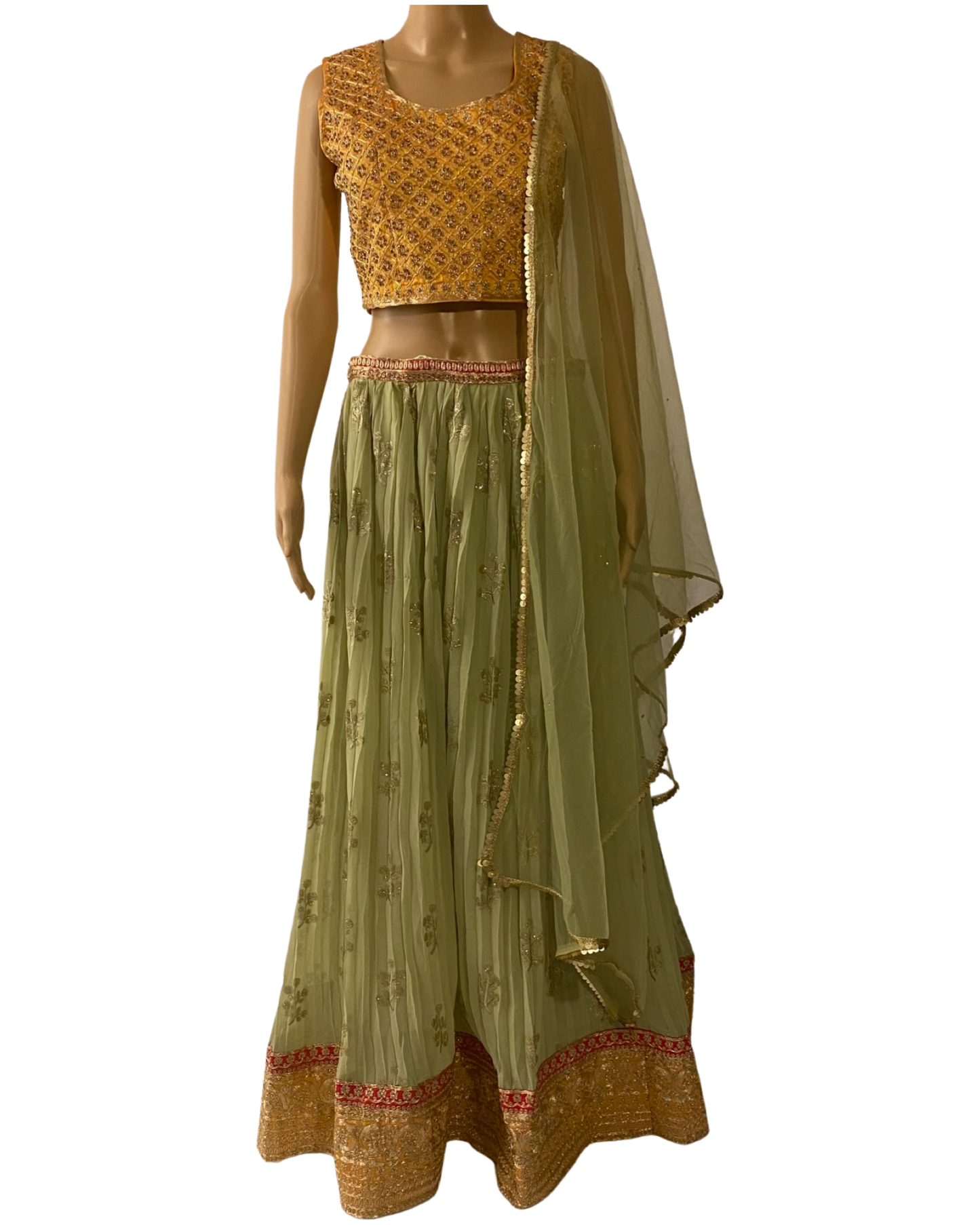 CHIFFON YELLOW CROP TOP WITH LEHENGA IN PISTA GREEN