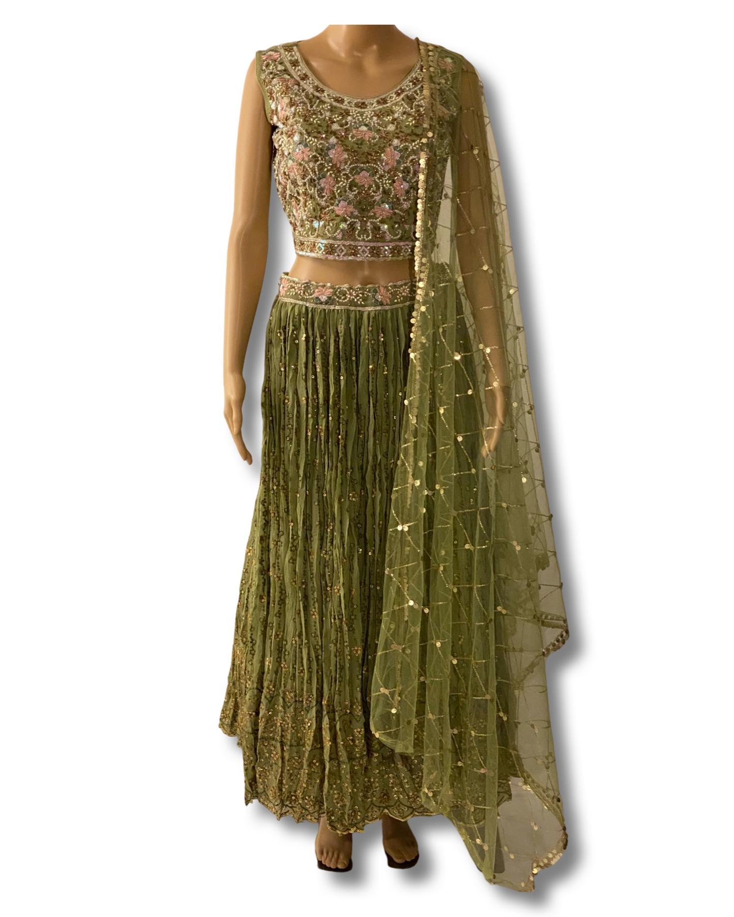 PISTA GREEN CHIFFON CROP TOP WITH LEHENGA