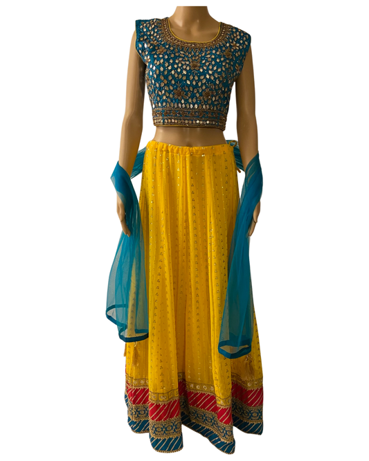 YELLOW LEHENGA WITH BLUE CROP TOP (full view)