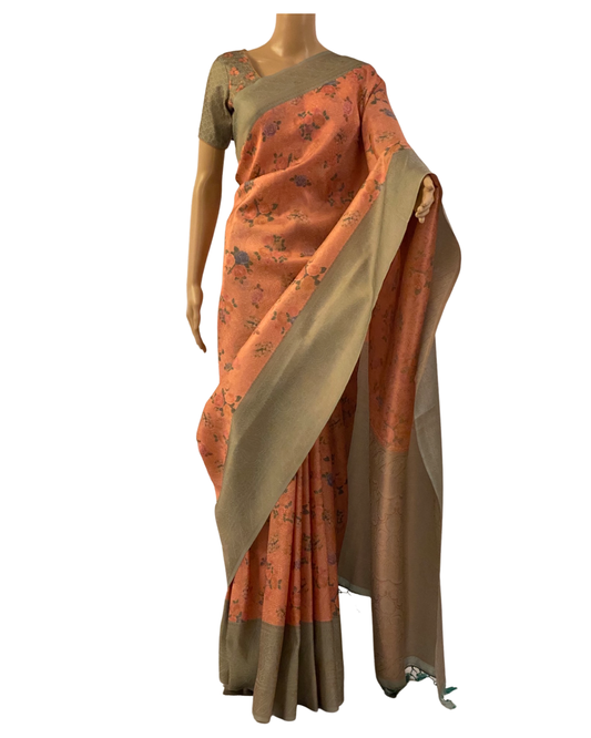 Peach and Green Soft Silk Saree