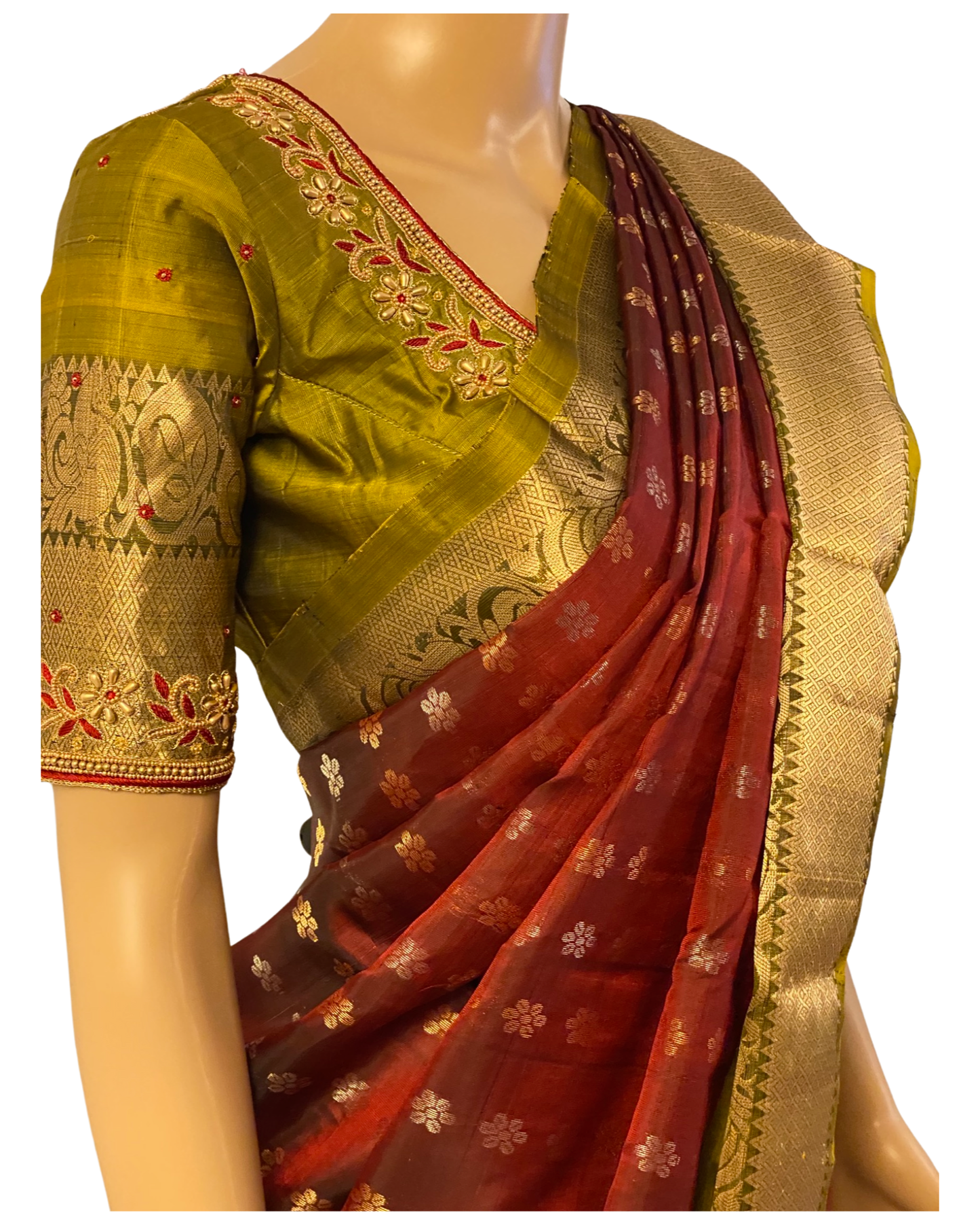 Maroon and Green Pure Handloom Kanchipuram Silk Saree