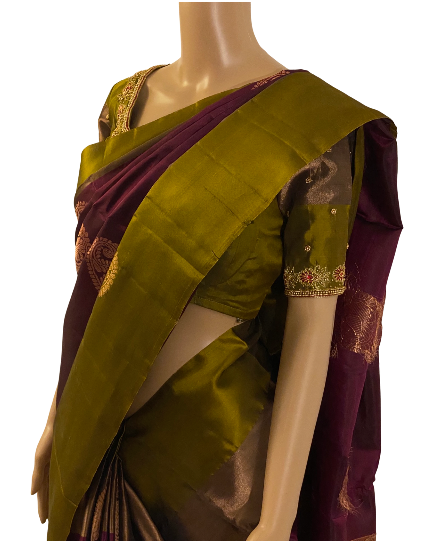 Wine and Green Kanchipuram Silk Saree