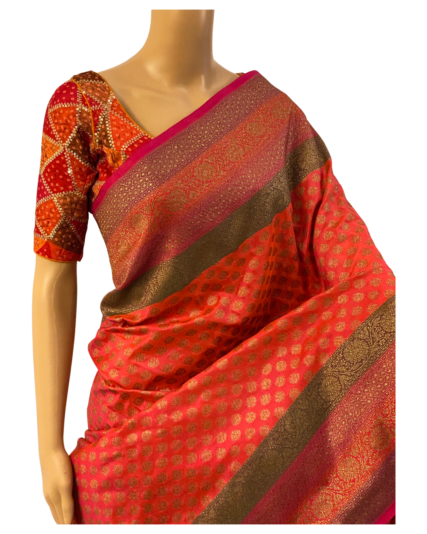 Orange and Pink Handloom Kaddi Banarasi Silk Saree With Designer Blouse