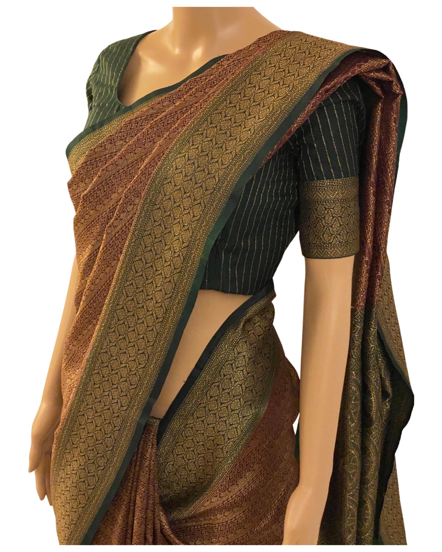 Maroon with Green Handloom Katan Banarasi Chanderi Silk Saree