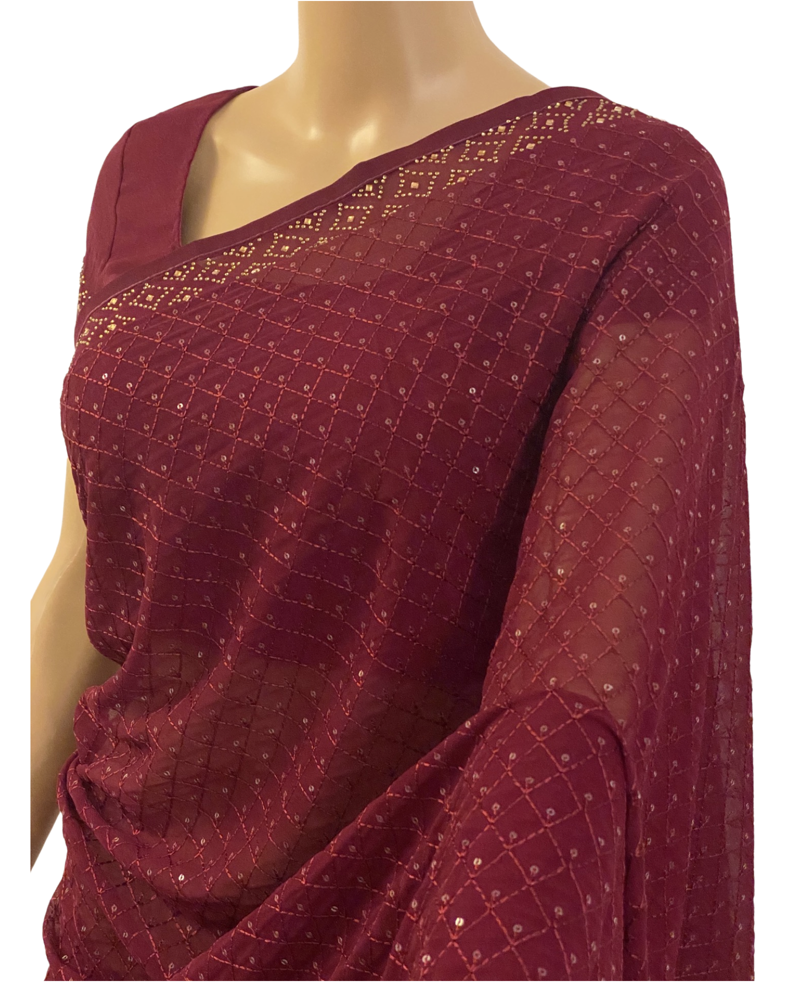 Designer Wine Chiffon Georgette Saree (right view closeup)