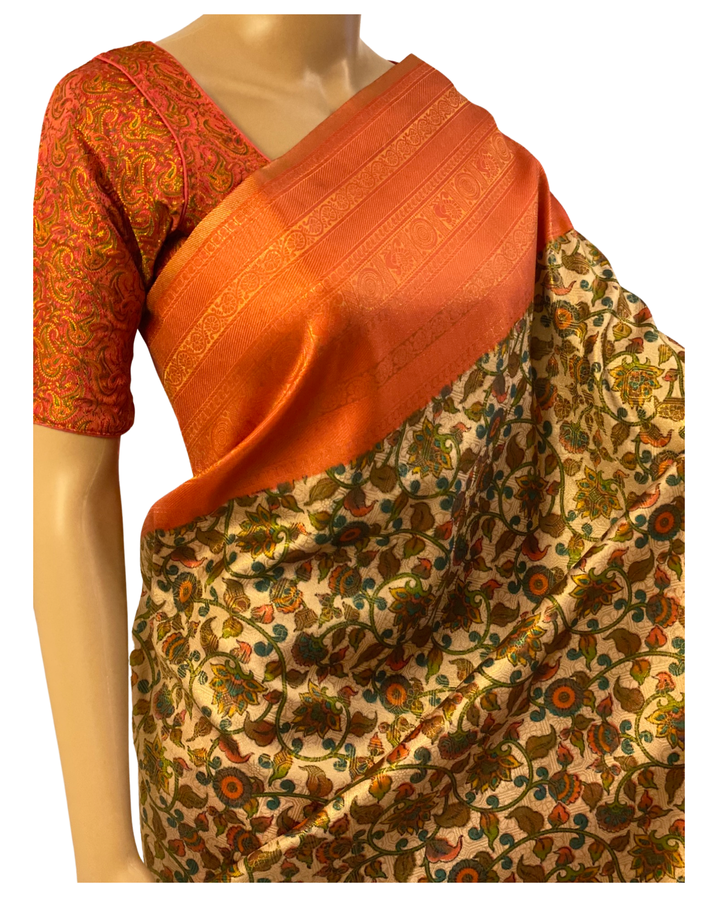 Peach and Green Kalamkari Soft Silk Saree