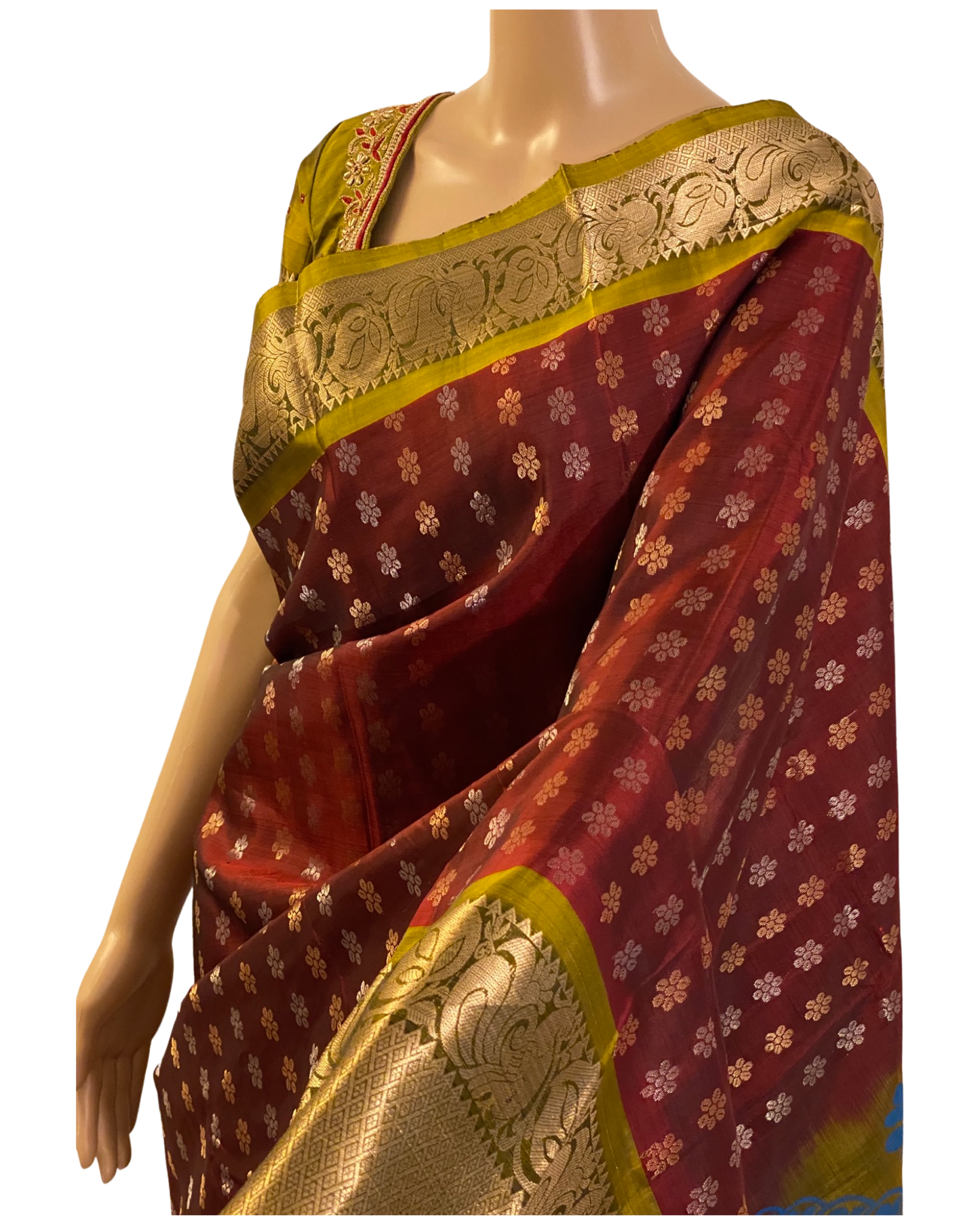 Maroon and Green Pure Handloom Kanchipuram Silk Saree