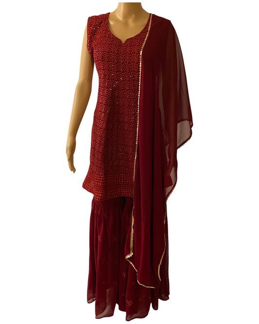 MAROON SHARARA IN GEORGETTE WITH HEAVY EMBROIDERY WORK