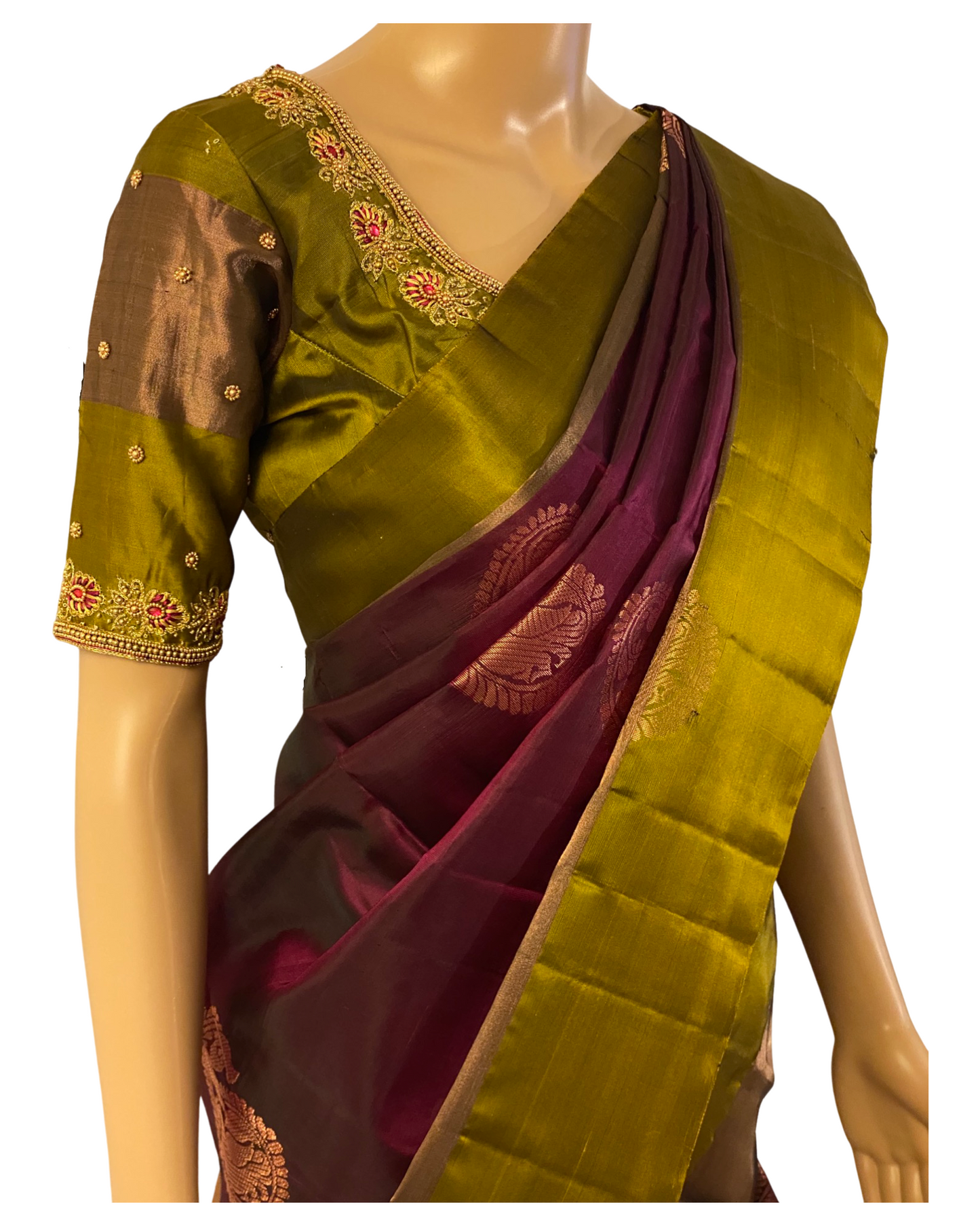 Wine and Green Kanchipuram Silk Saree