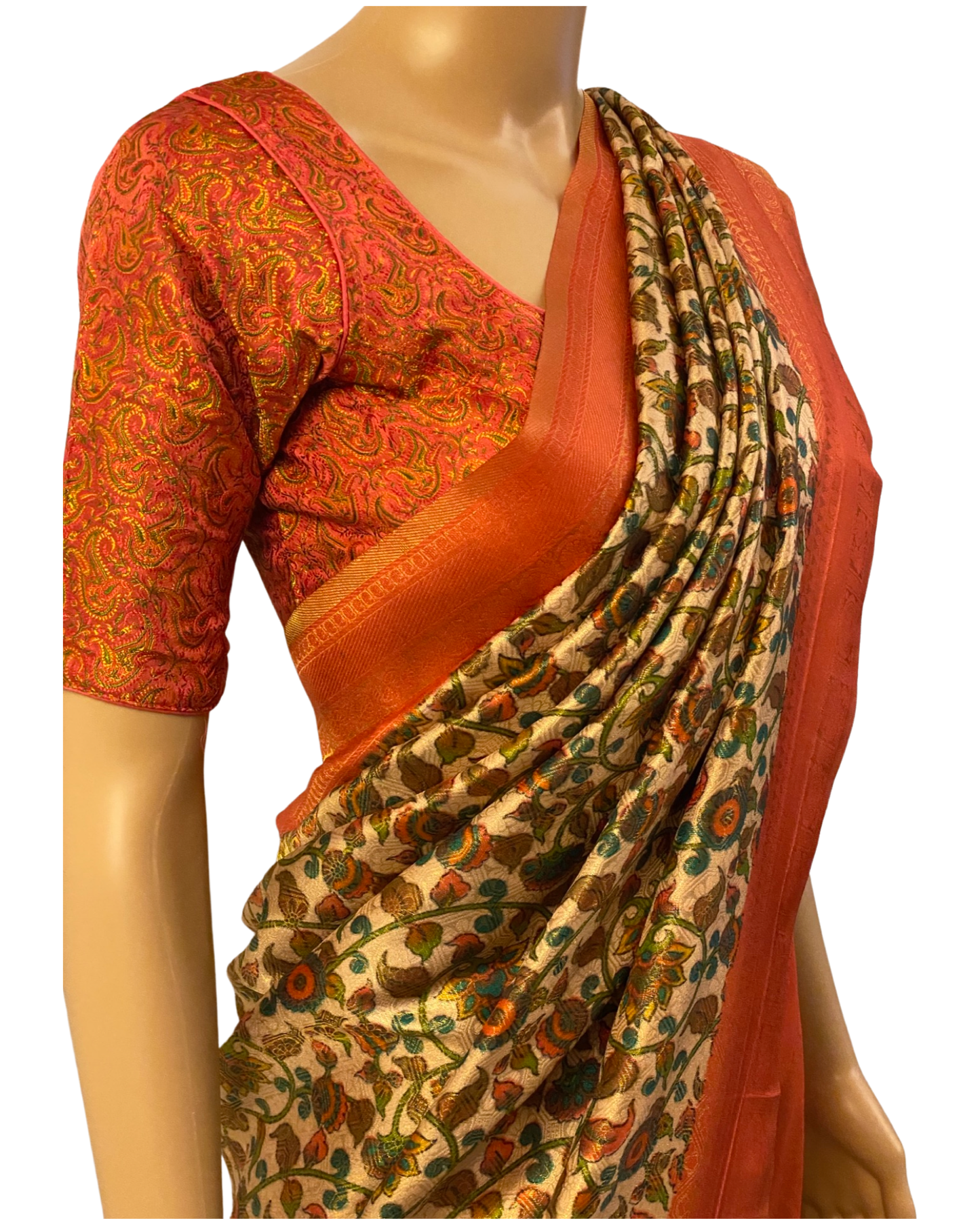 Peach and Green Kalamkari Soft Silk Saree