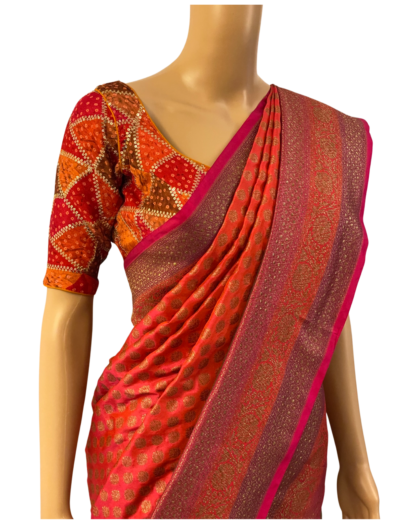 Orange and Pink Handloom Kaddi Banarasi Silk Saree With Designer Blouse