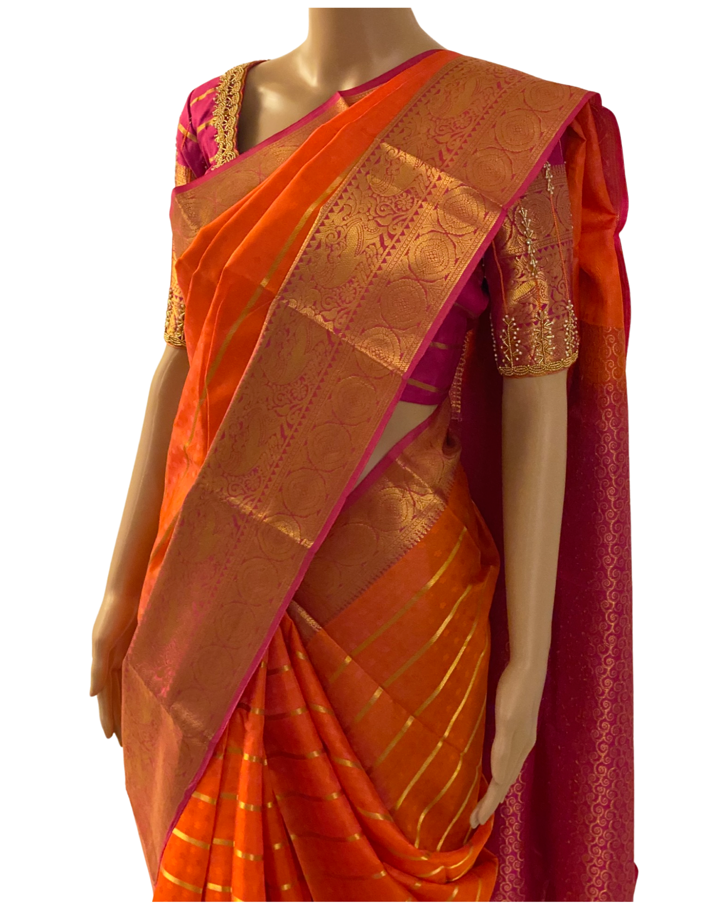 Orange and Pink Kanchipuram Handloom Silk Saree