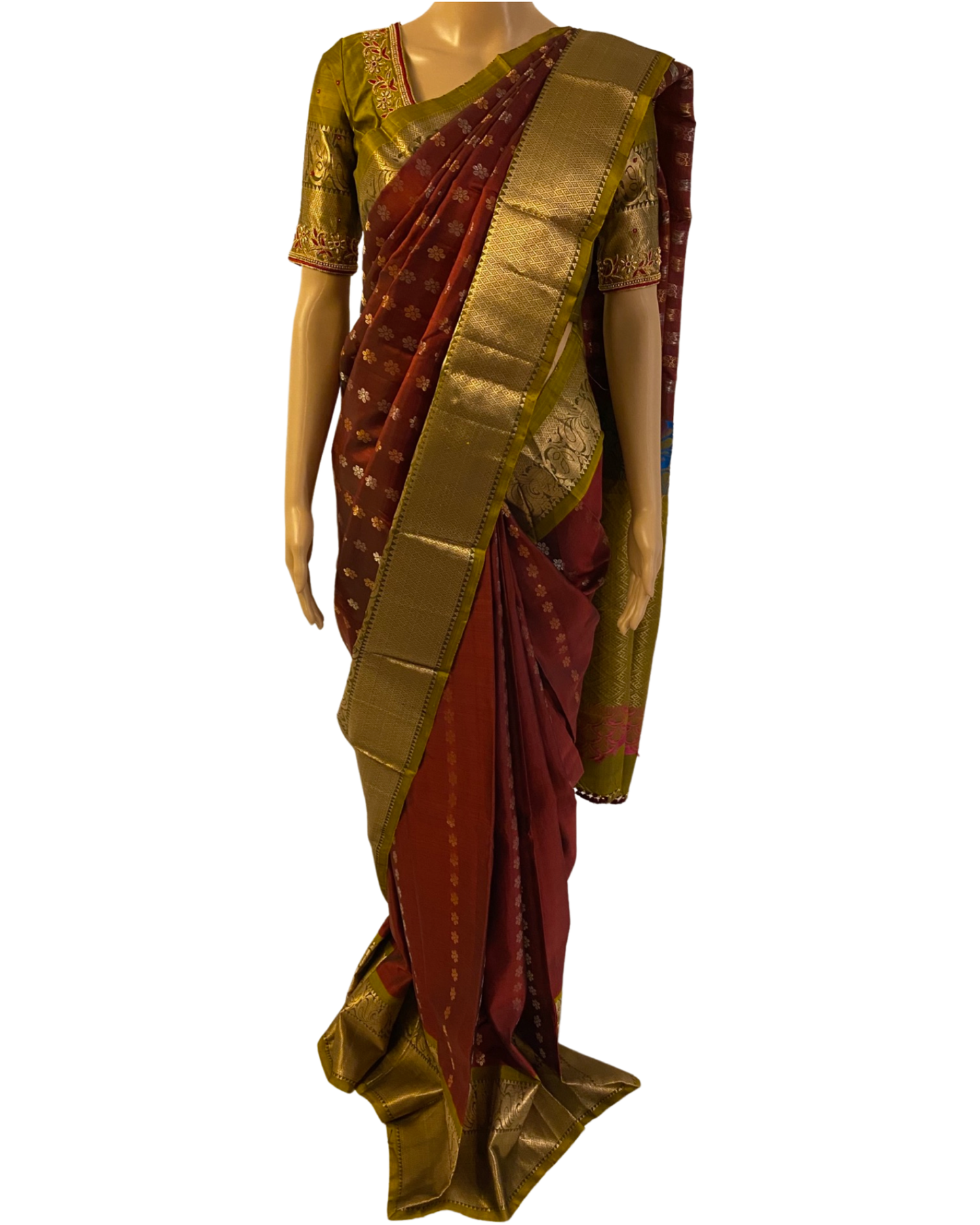 Maroon and Green Pure Handloom Kanchipuram Silk Saree