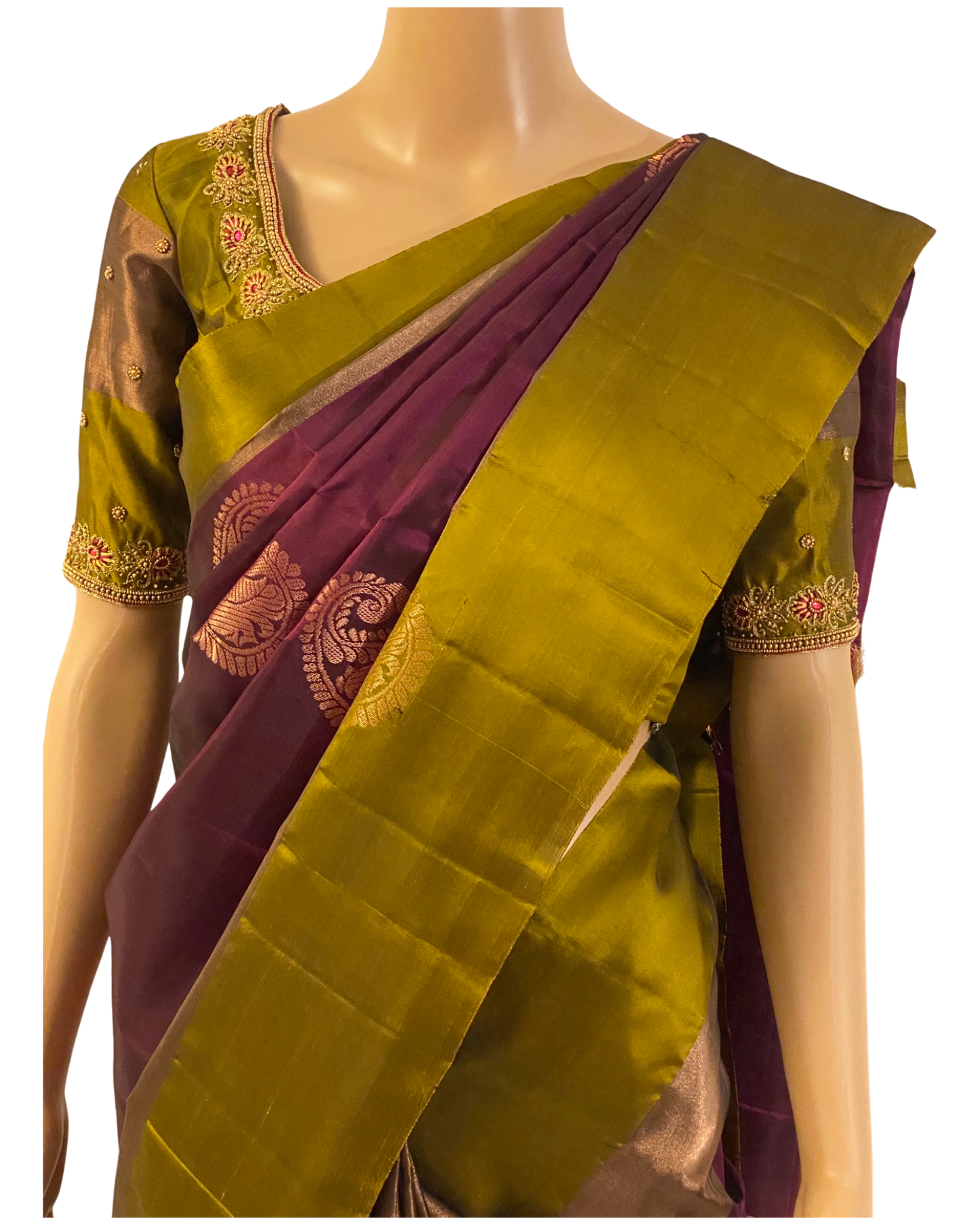 Wine and Green Kanchipuram Silk Saree