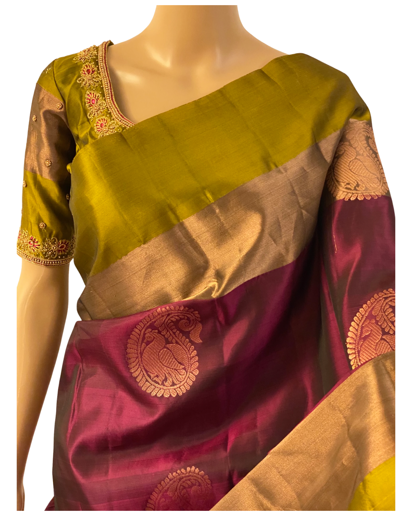 Wine and Green Kanchipuram Silk Saree