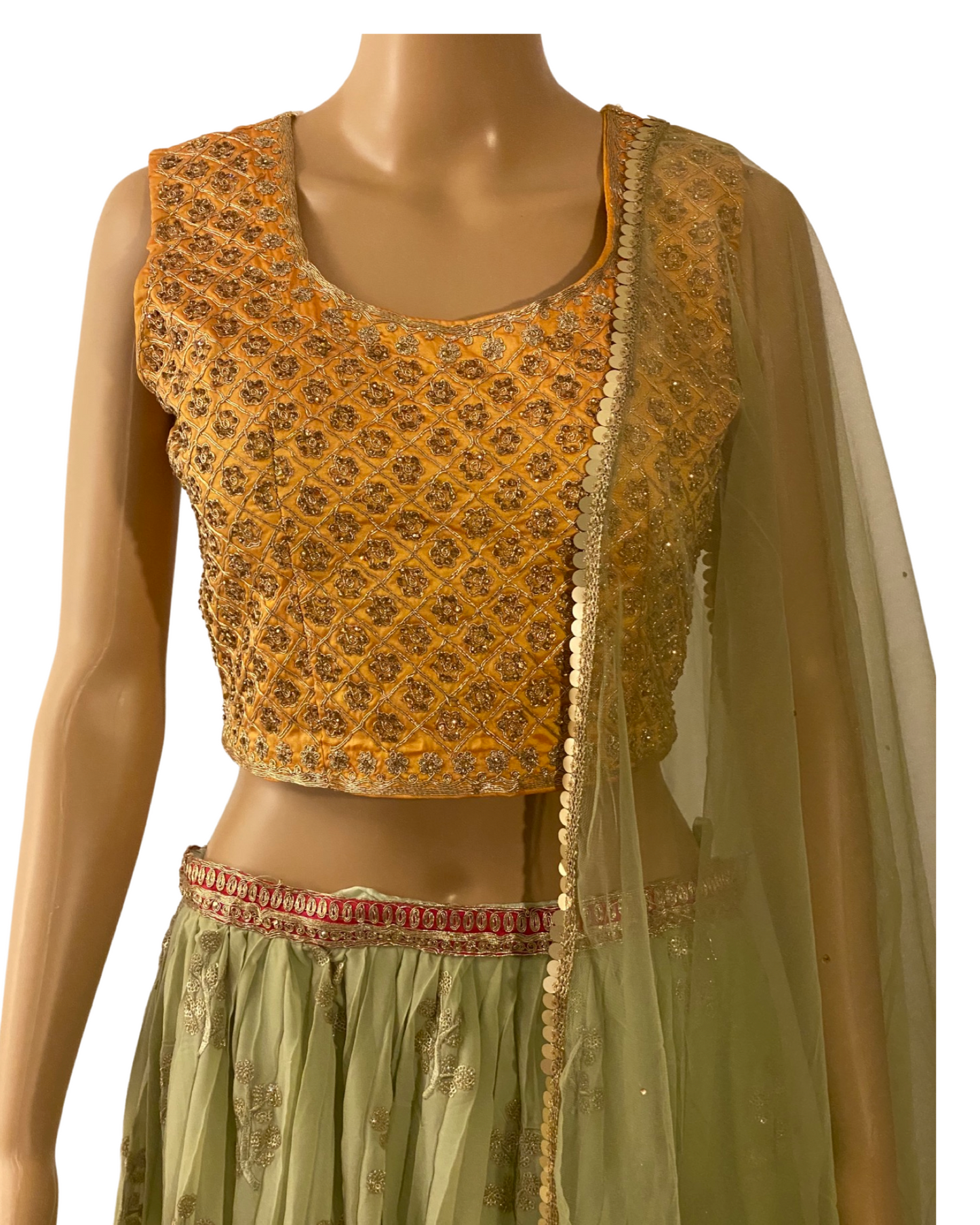 CHIFFON YELLOW CROP TOP WITH LEHENGA IN PISTA GREEN