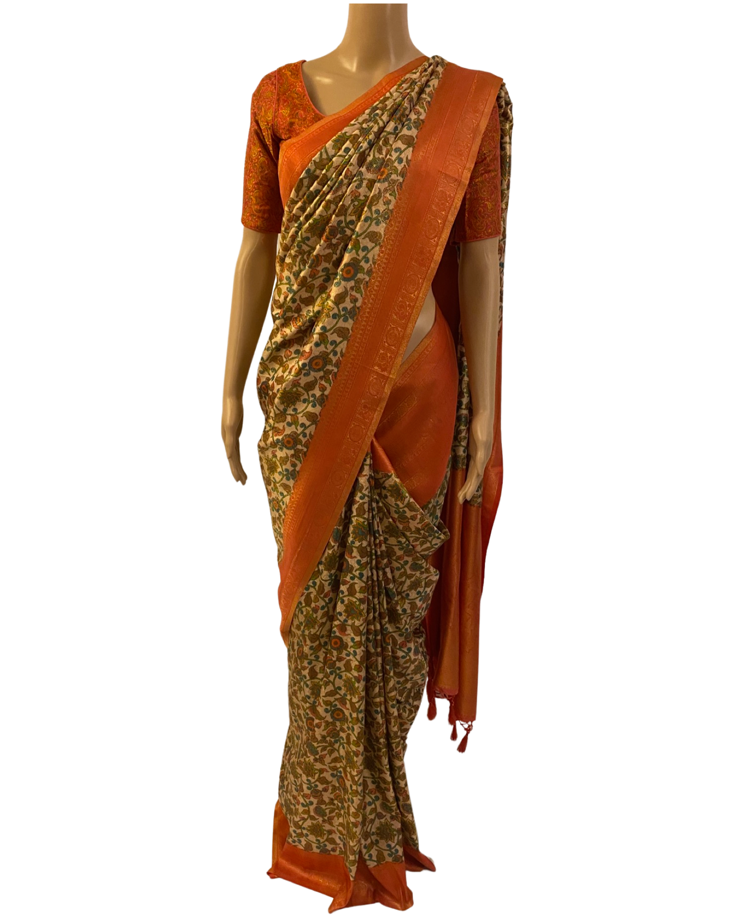 Peach and Green Kalamkari Soft Silk Saree