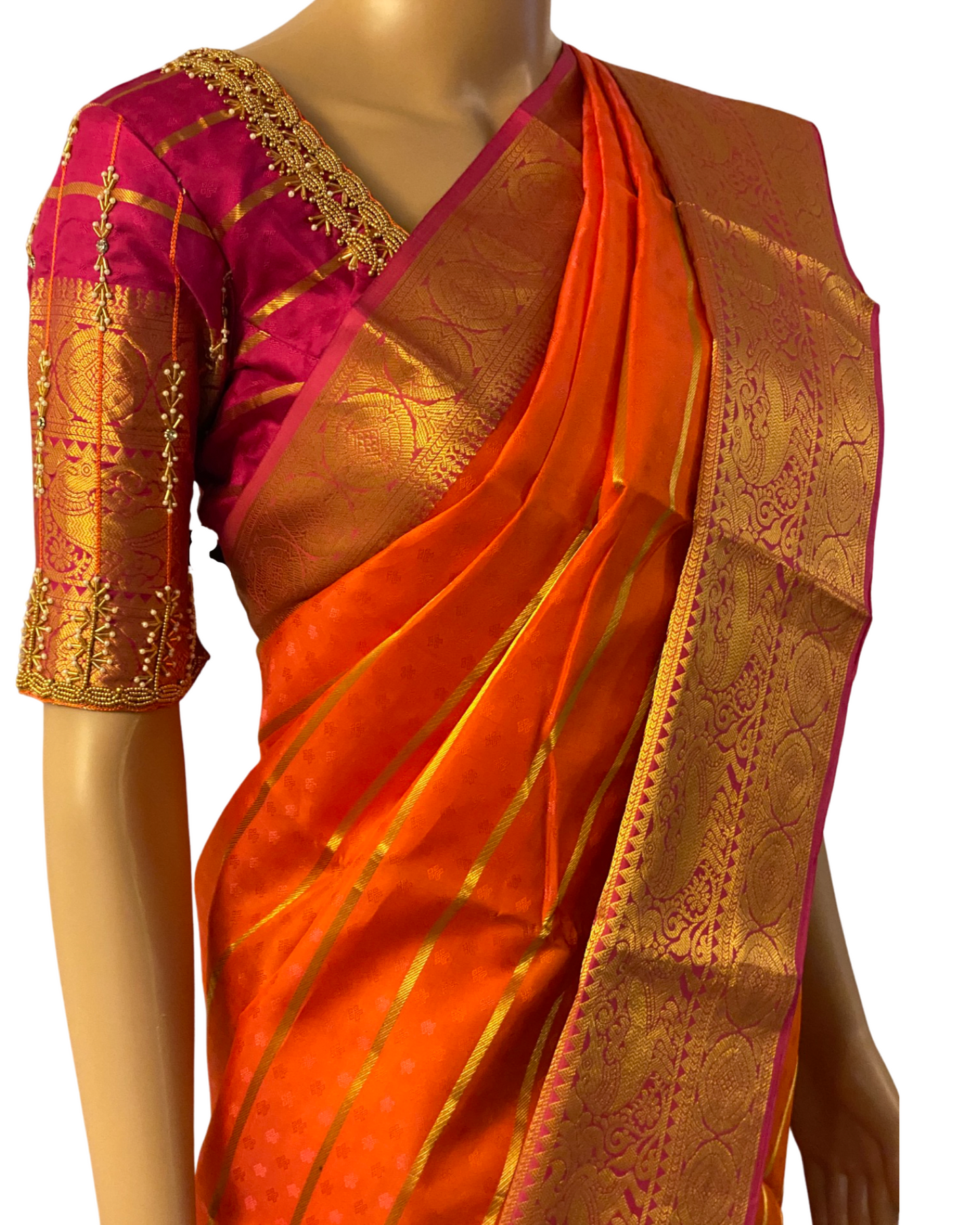 Orange and Pink Kanchipuram Handloom Silk Saree