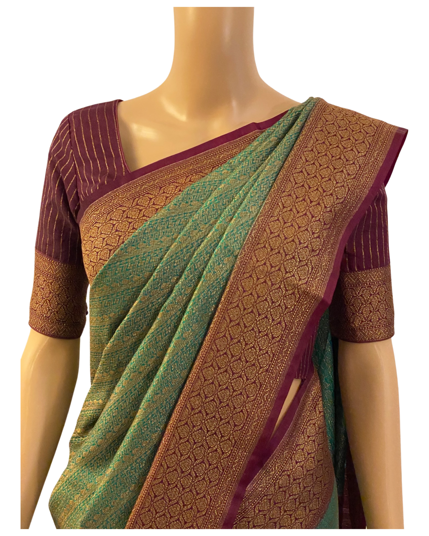 Sea Green with Maroon Katan Banarasi Saree