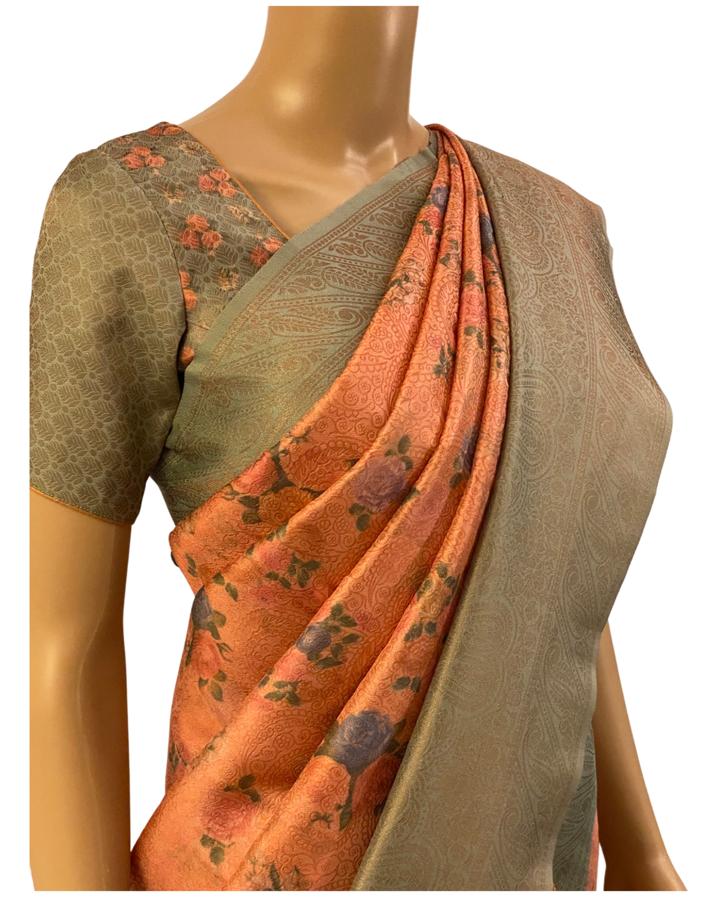 Peach and Green Soft Silk Saree