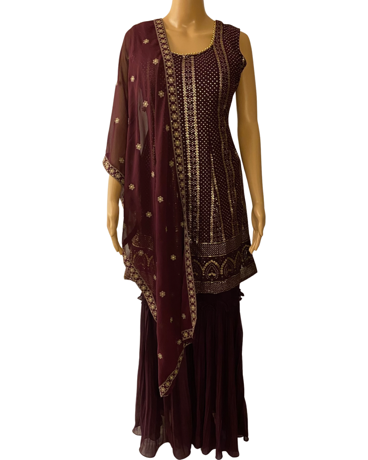 WINE KURTA WITH FLARED SHARARA (full view)