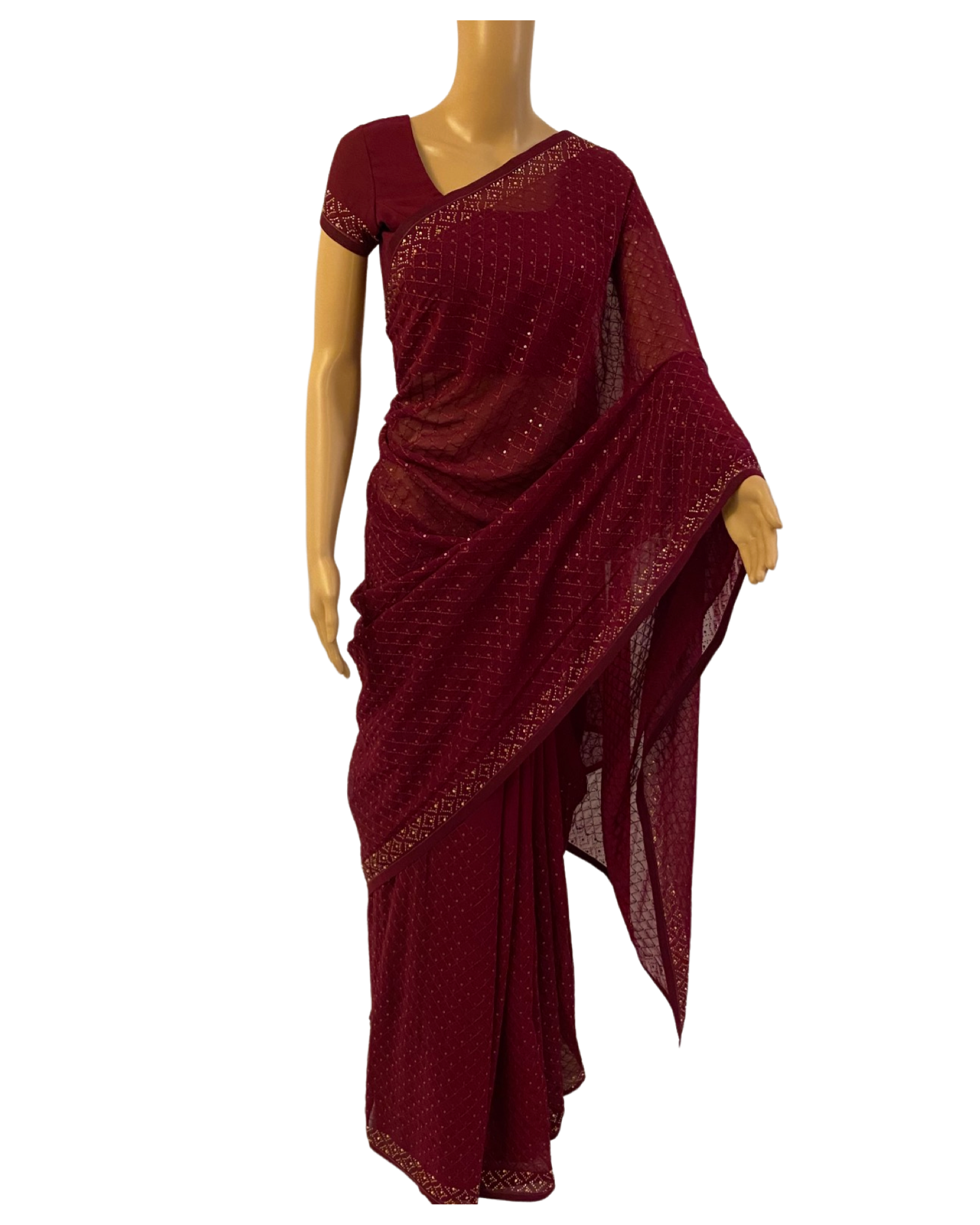 Designer Wine Chiffon Georgette Saree (left view)