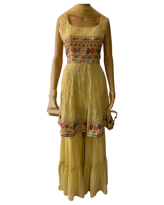 LEMON YELLOW KURTA WITH CHIFFON BASE SHARARA SET