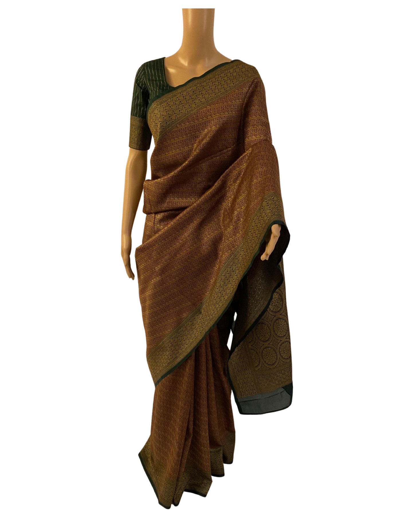 Maroon with Green Handloom Katan Banarasi Chanderi Silk Saree (full view)