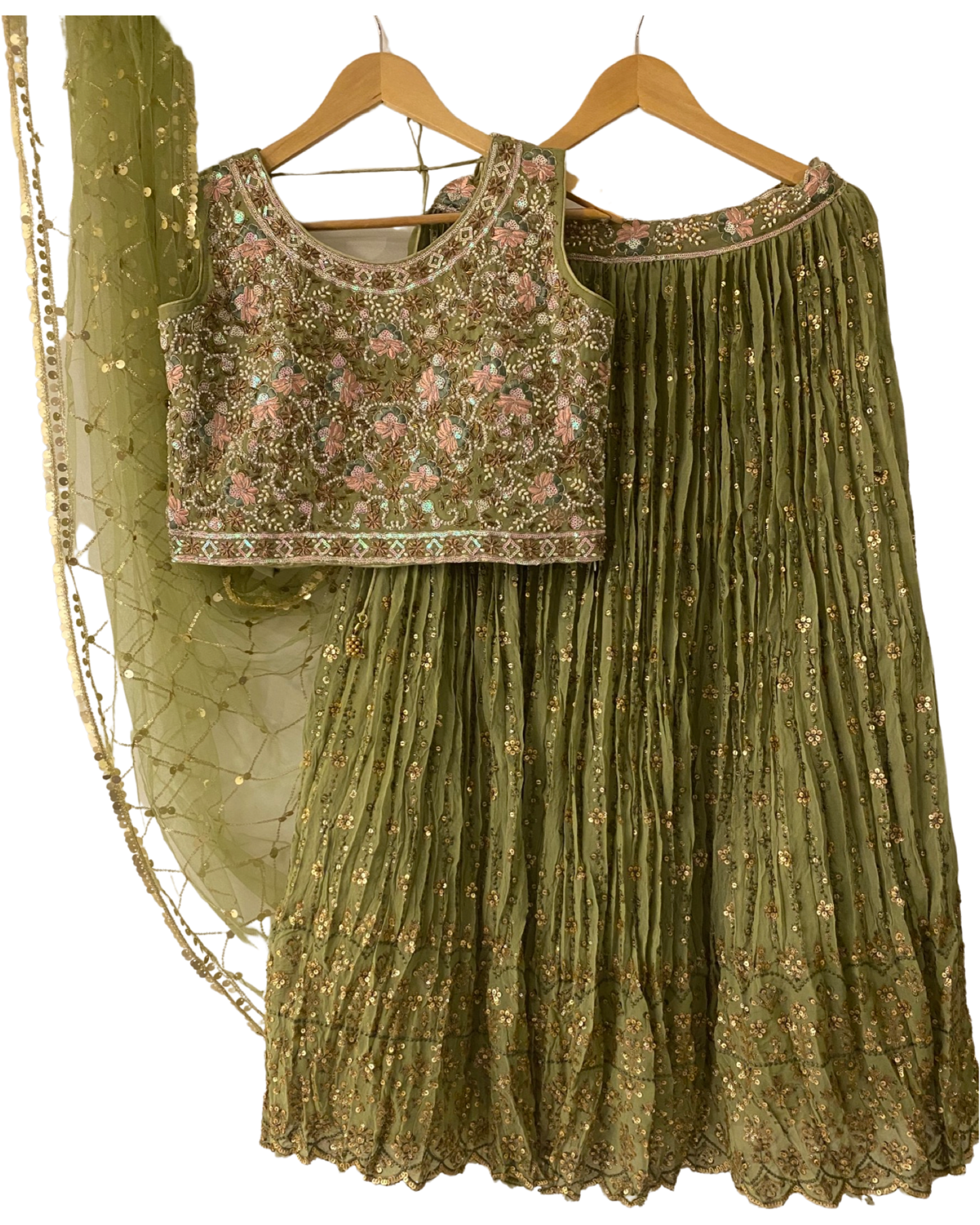 PISTA GREEN CHIFFON CROP TOP WITH LEHENGA