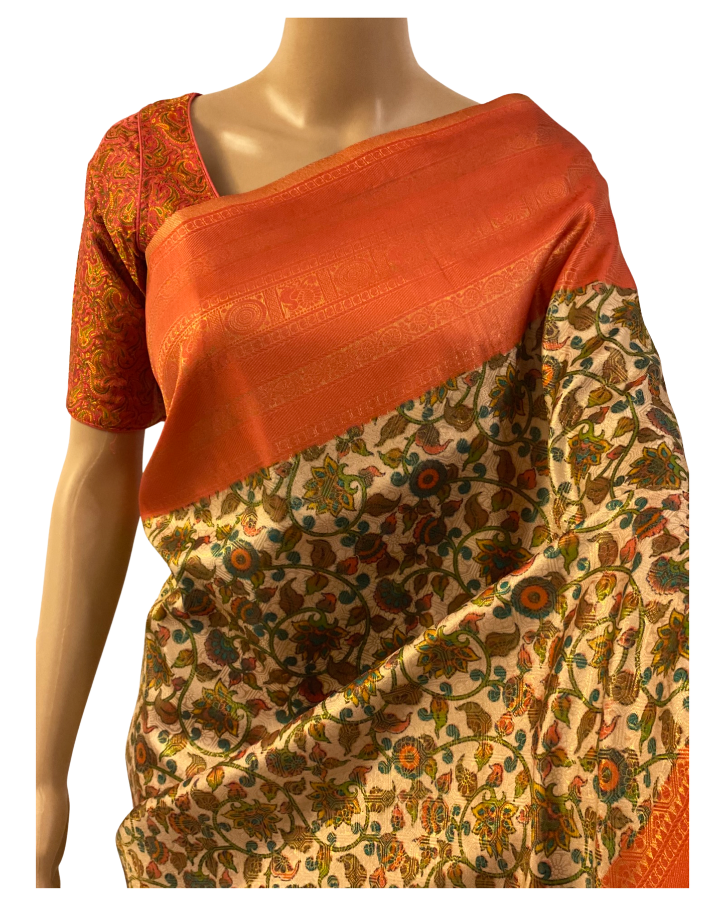 Peach and Green Kalamkari Soft Silk Saree