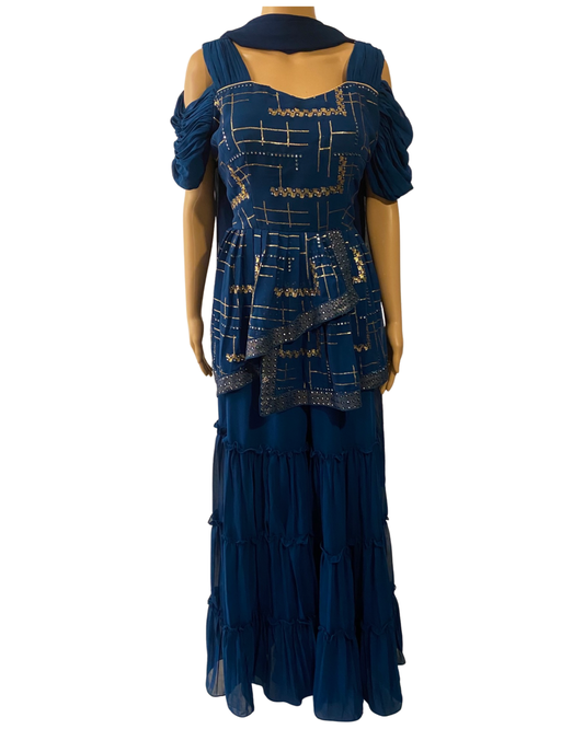 DESIGNER PARTY WEAR BLUE PEPLUM KURTHA AND SHARARA SET